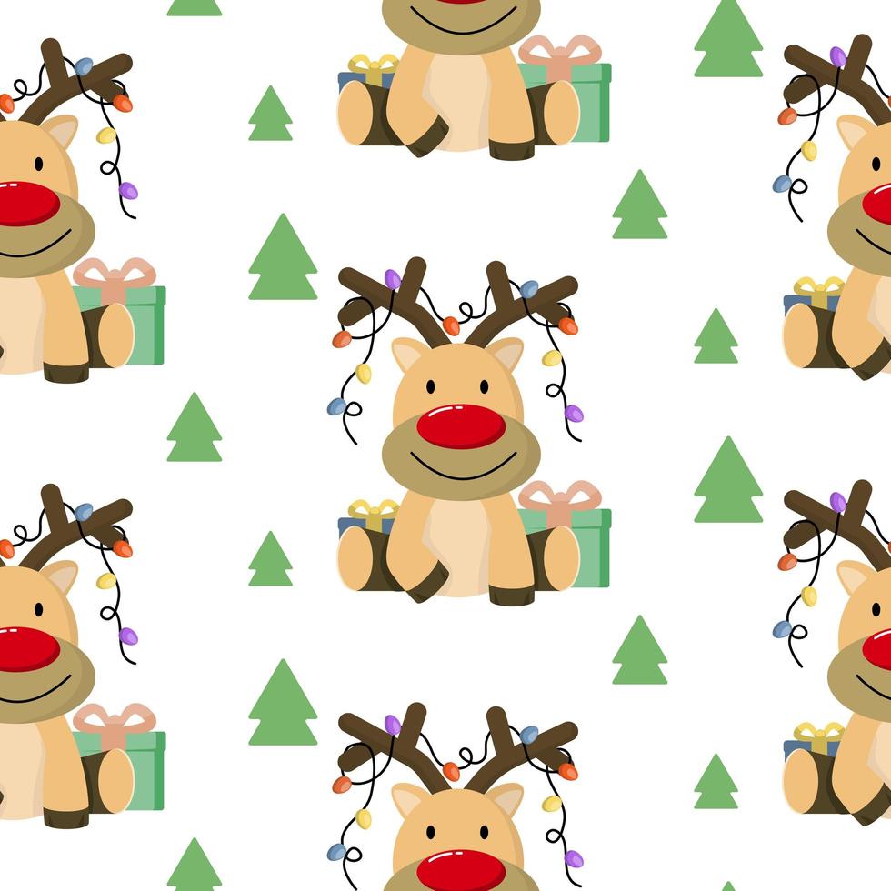 Christmas seamless pattern with cute cartoon sleepy deer and trees on white background. vector