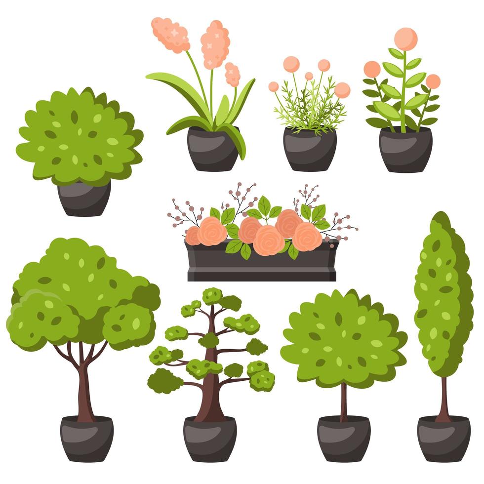 Tree logo flat cartoon decorative icons set on white background with deciduous and coniferous types trees isolated vector illustration
