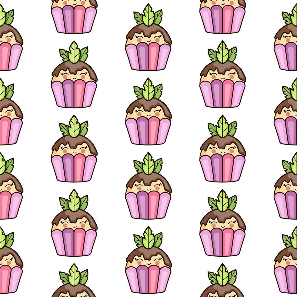 Seamless texture with cute kawaii cupcake. Vector template for textile, fabrics, wrapping paper, postcards .