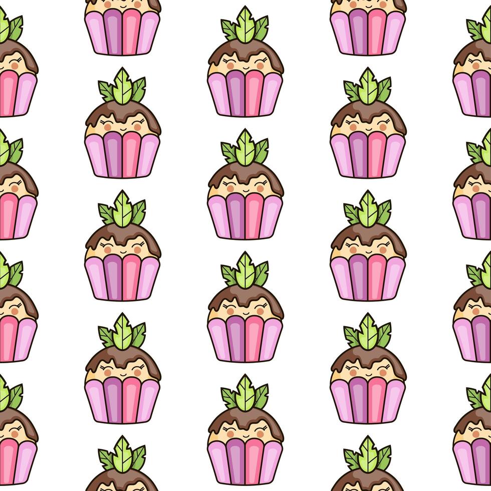 textura fluida con cupcake kawaii lindo. plantilla de vector para textiles, telas, papel de regalo, postales.