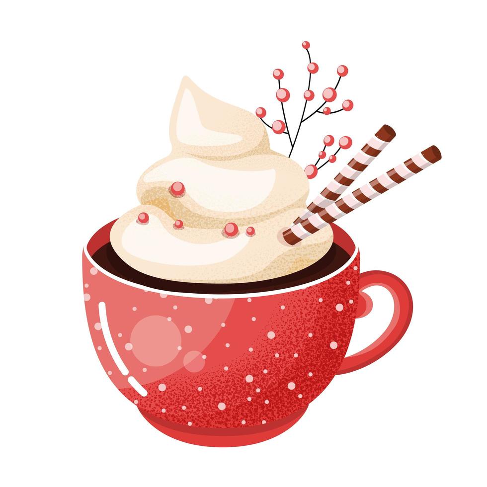 Hot chocolate cup. Christmas drink on winter background. Red mug of cacao to go. Seasonal banner. vector