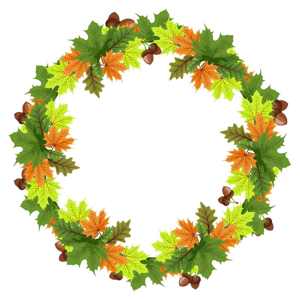 Vector set of autumn leaves round frames Collection of fall themed circle shaped frames with design elements featuring leaves, rowan berries, acorns and pine cones