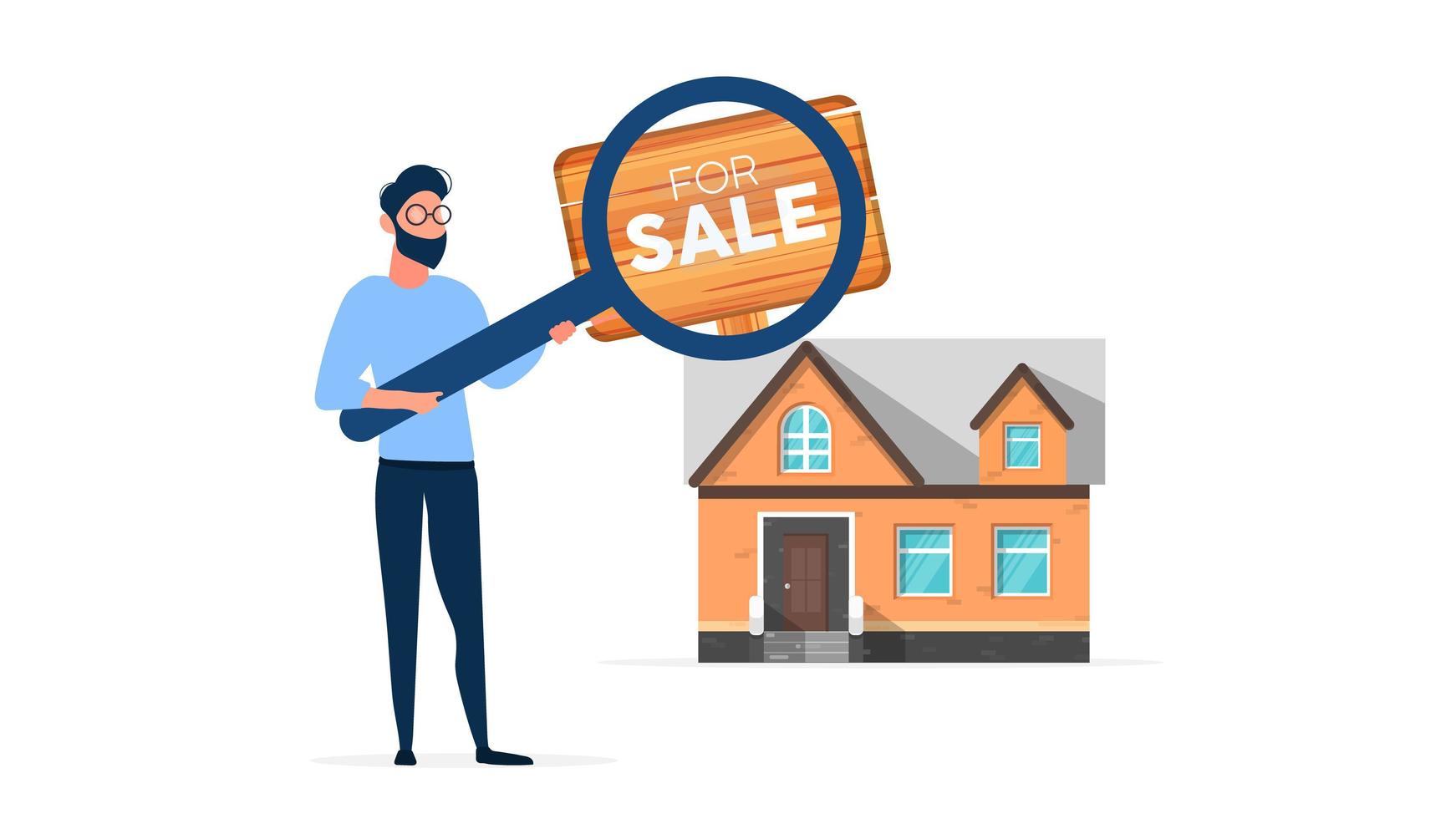 The guy is looking for a house to buy. Search for a home or real estate. For Sale sign. Vector. vector