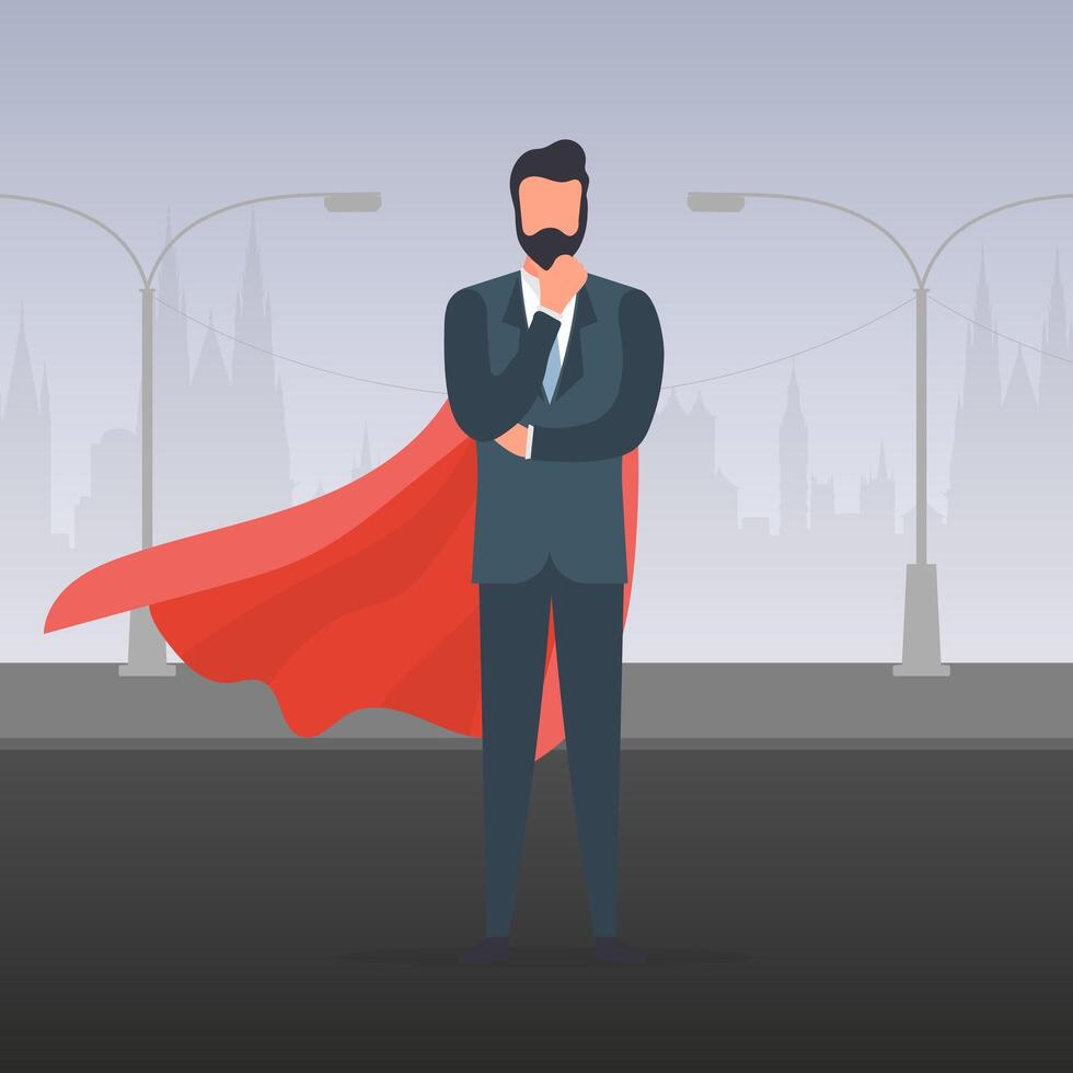 Businessman with a red cloak. A man in a suit ponders an idea. The concept of a successful entrepreneur. Vector. vector