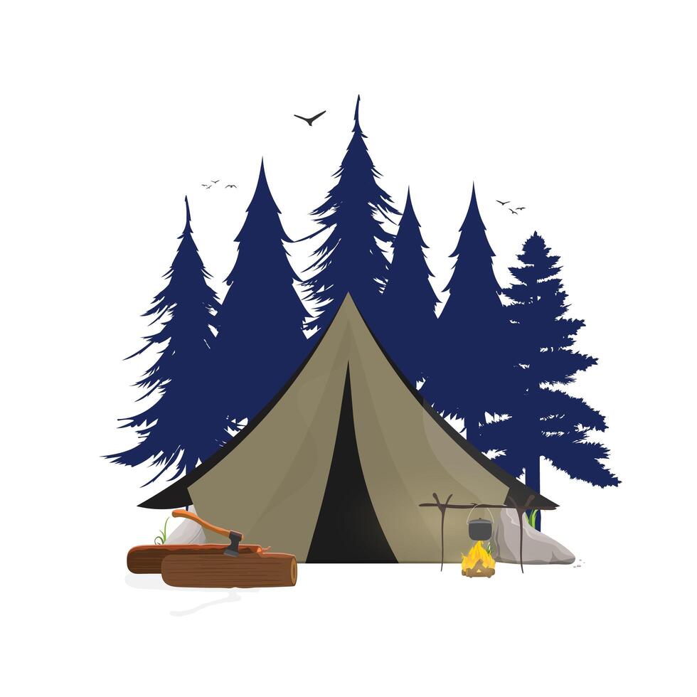 collage sobre el tema de acampar en el bosque. carpa, bosque, camping, troncos, hacha, hoguera. bueno para logotipos, tarjetas, camisetas y pancartas. aislado. vector. vector