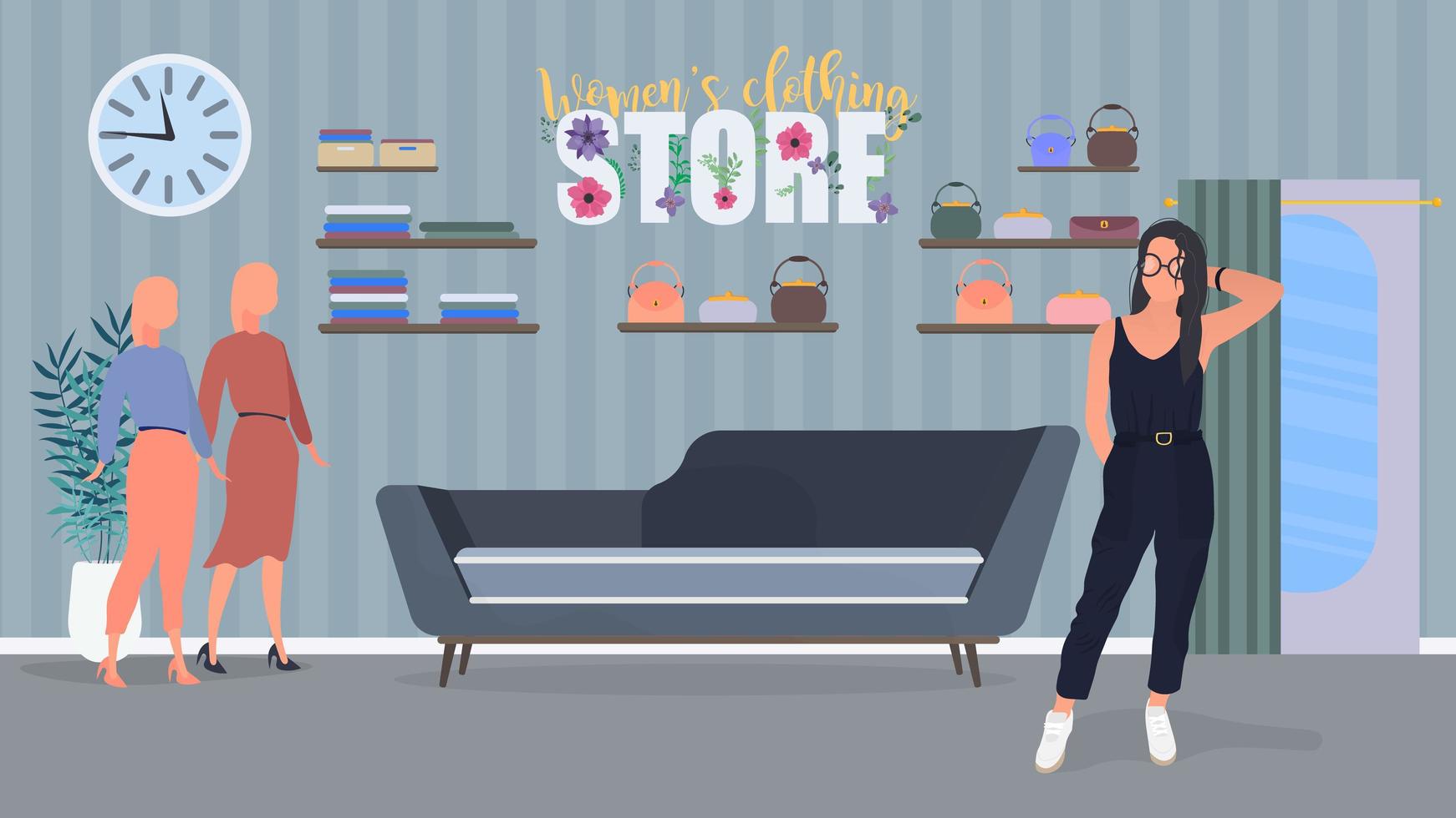 Brunette girl posing. Model in a stylish suit. Women's clothing store. Dresses, bags, women's clothing, shop. Vector illustration.