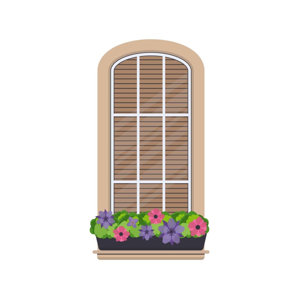 Semicircular window with flowers in a flat style. Window with shutters. Vector