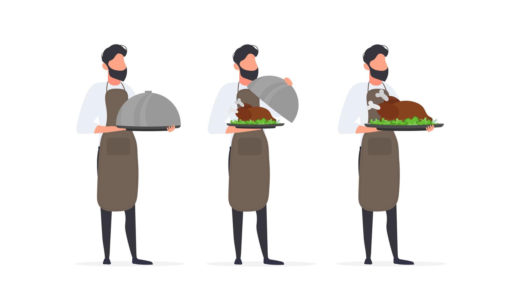 cocineros set. el cocinero sostiene un plato de metal con tapa. el camarero sostiene un plato con un cadáver de carne frita. aislado. vector. vector