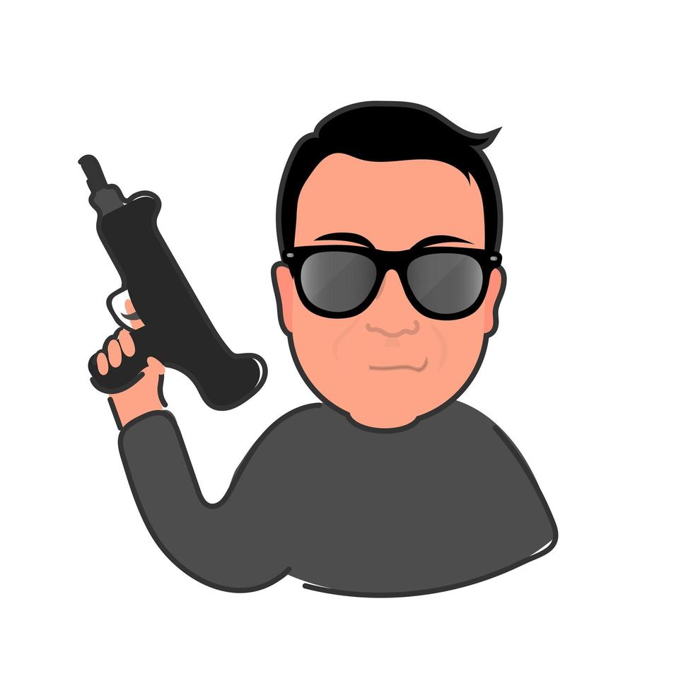 A guy with glasses with a gun. A man in sunglasses. Suitable for social media, postcards, stickers, t-shirts and prints. Isolated, vector. vector