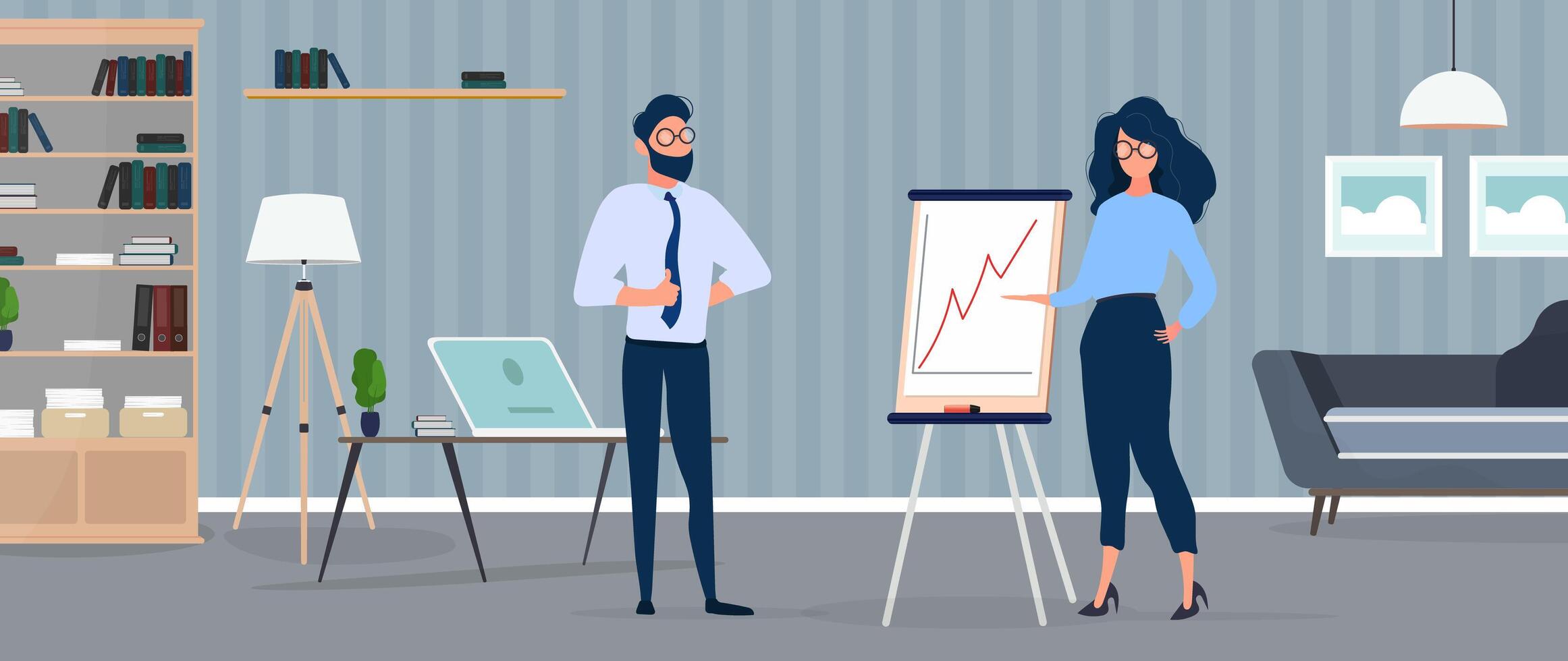 The girl shows a report to the boss. Presentation with positive dynamics. Board for paper. Infographics. Business growth. Isolated. Vector. vector