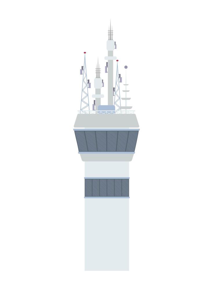 Edificio de comunicaciones para el aeropuerto. Torre de televisión. torre con antenas. Aislado en un fondo blanco. vector. vector