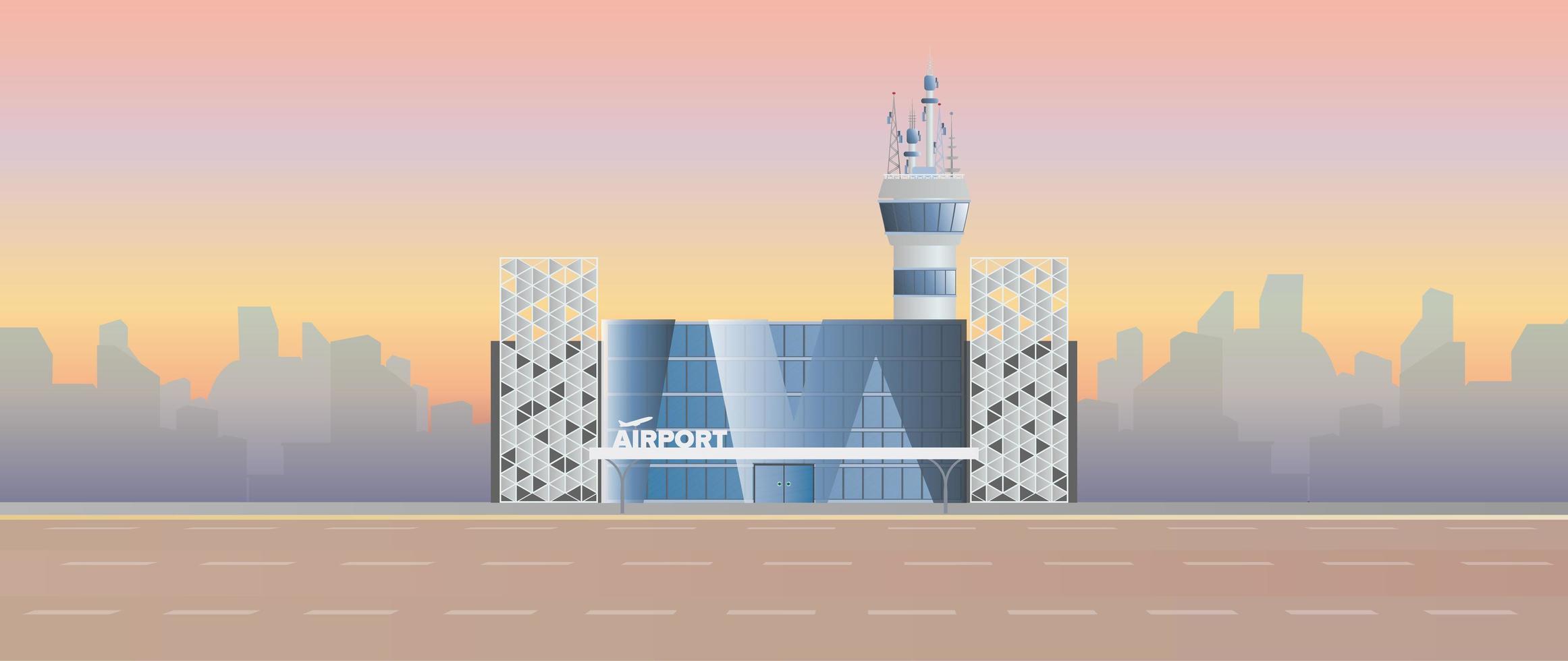 Modern airport. Runway. Airport in a flat style. Silhouetted by the city. Vector illustration