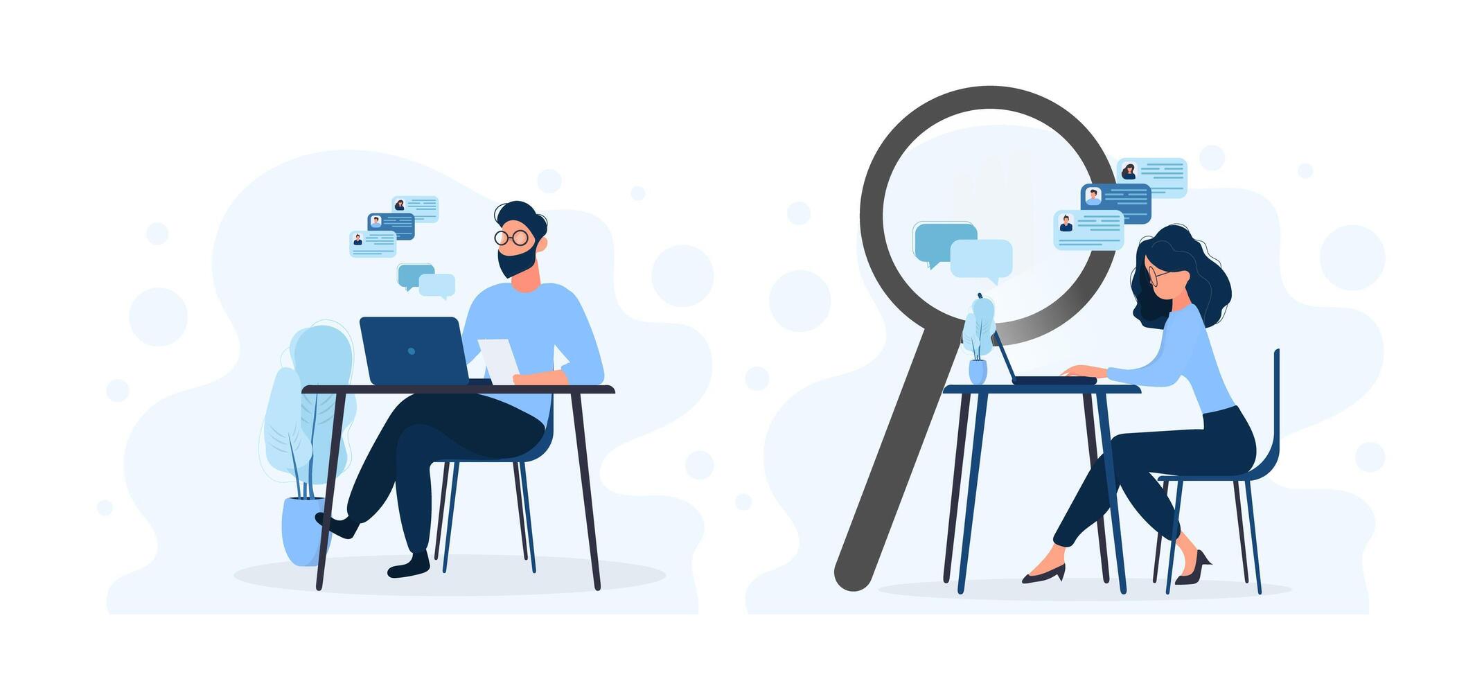 Two people sitting at a table with a laptop and a magnifying glass vector