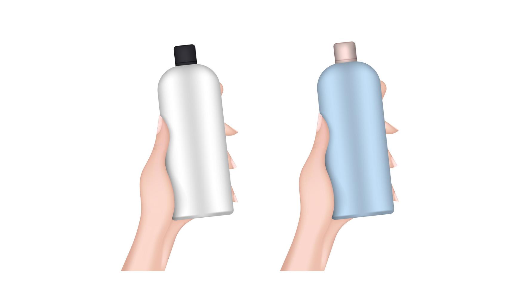 mano sostiene una botella de plástico. mano femenina realista con una botella. bueno para champú o gel de ducha. aislado. vector. vector