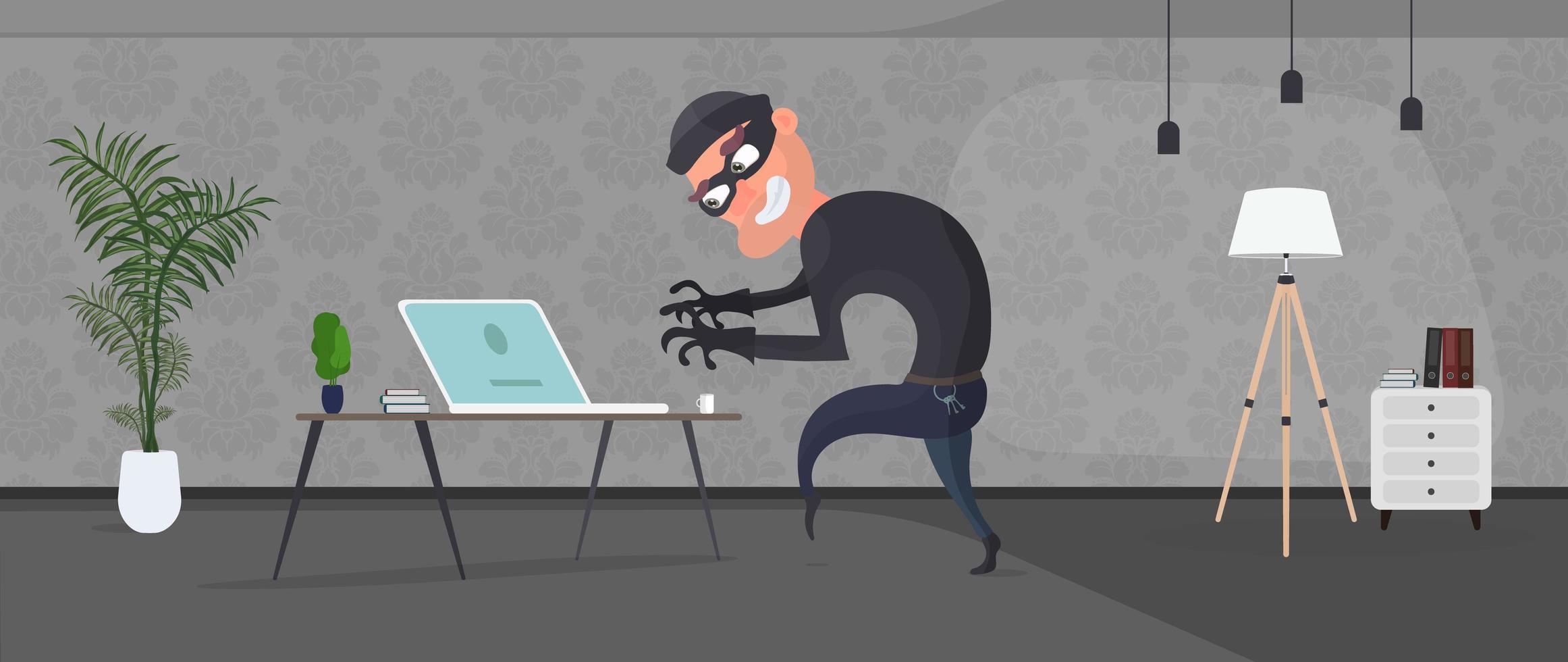 The thief entered the apartment and steals the laptop. An office robber steals data. Security and robbery concept. Vector. vector