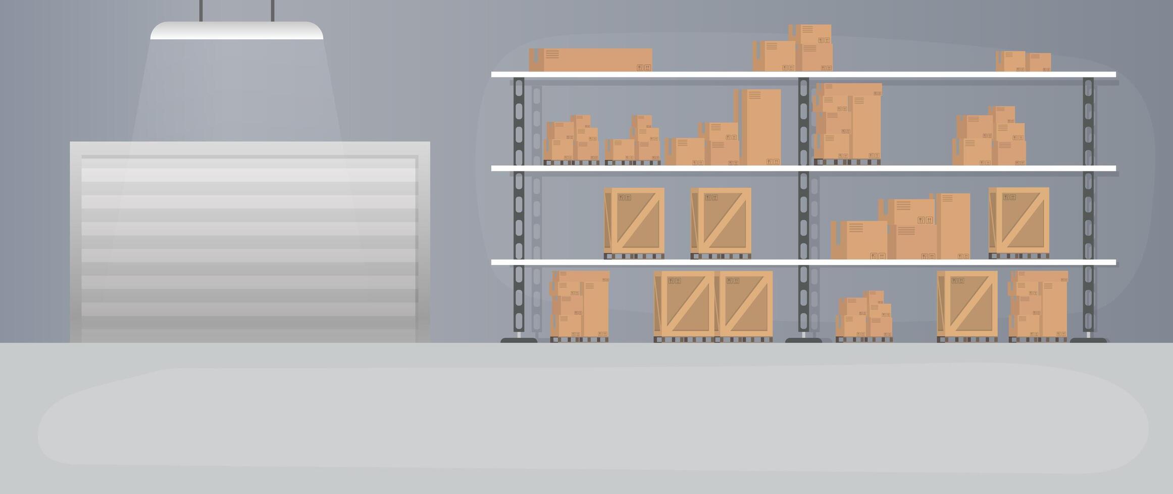 An illustration of a warehouse with shelves and boxes vector