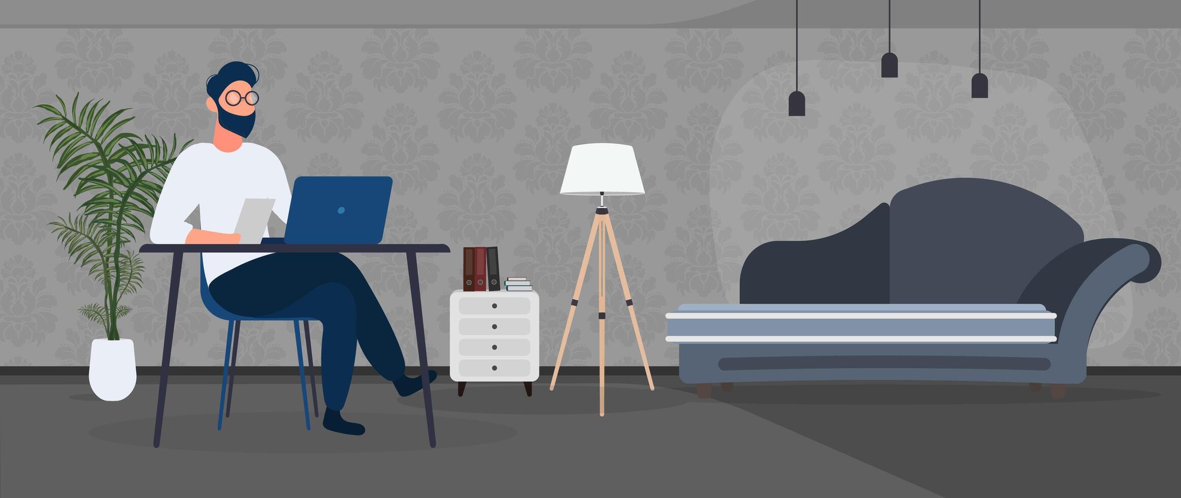 A man sitting at a desk with a laptop vector