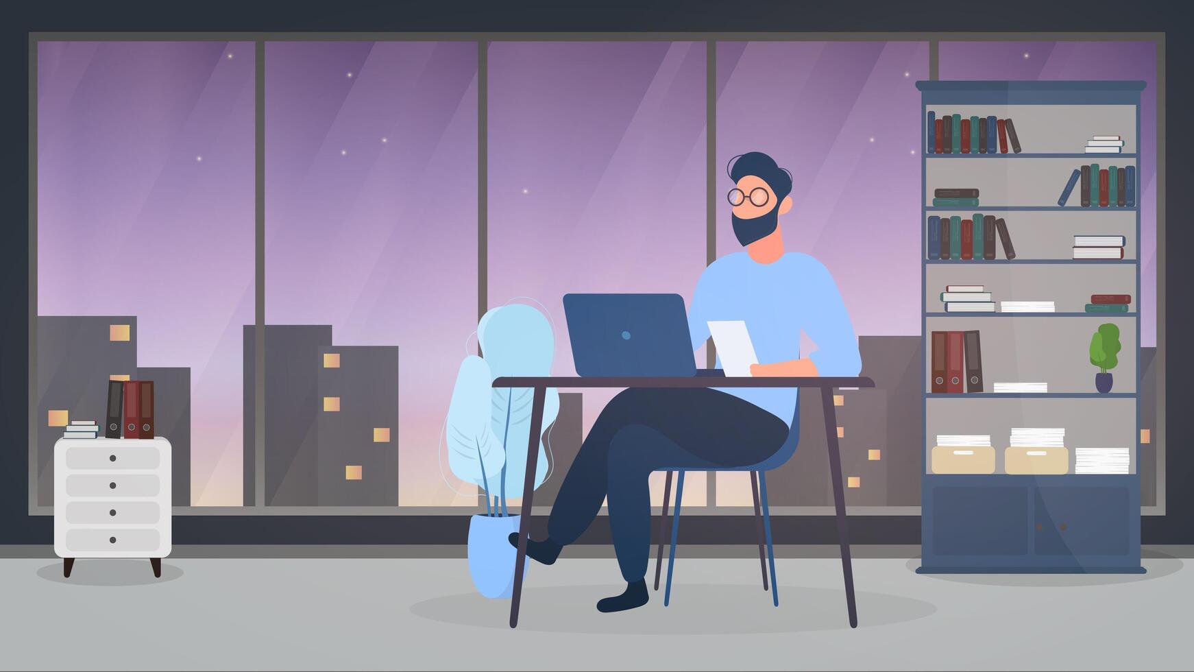 A man sitting at a desk with a laptop and a book vector