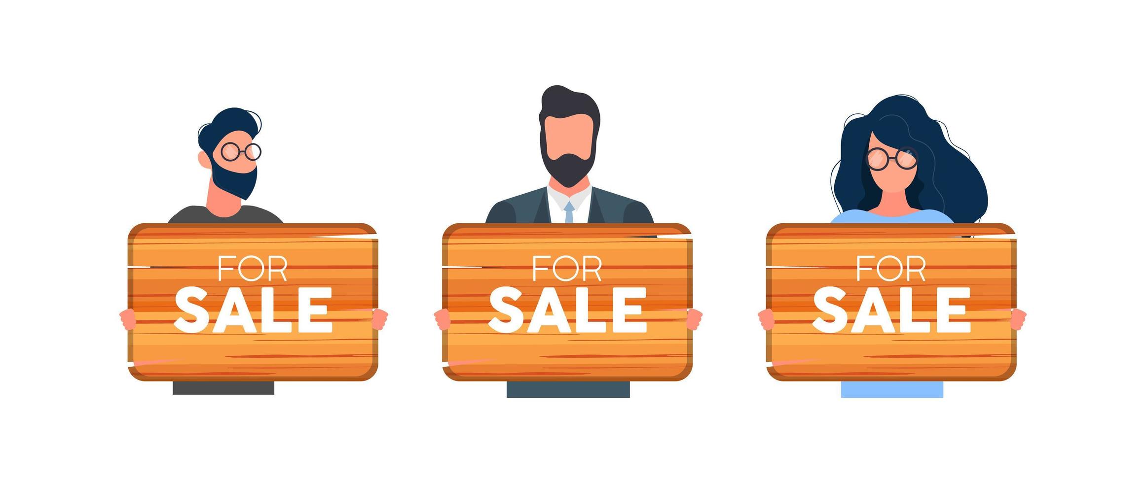 A set of people holding a wooden sign for sale. Young male in a business suit holding a wooden sign isolated on a white background. Vector. vector