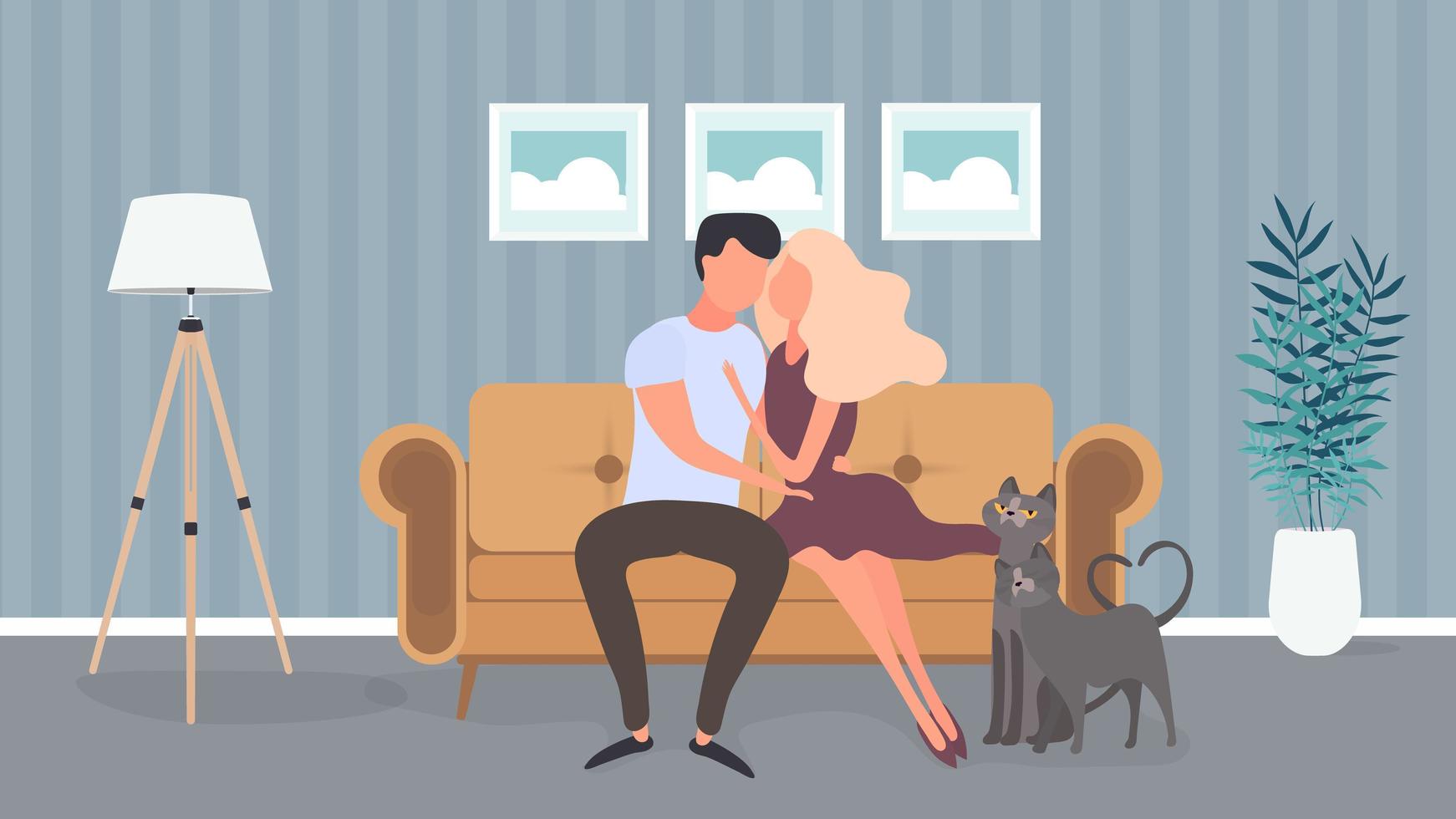 Loving couple sitting on the sofa in the room. Lovers hug each other. Suitable for the design of cards, banners and posters on the theme of love and Valentine's Day. Vector. vector