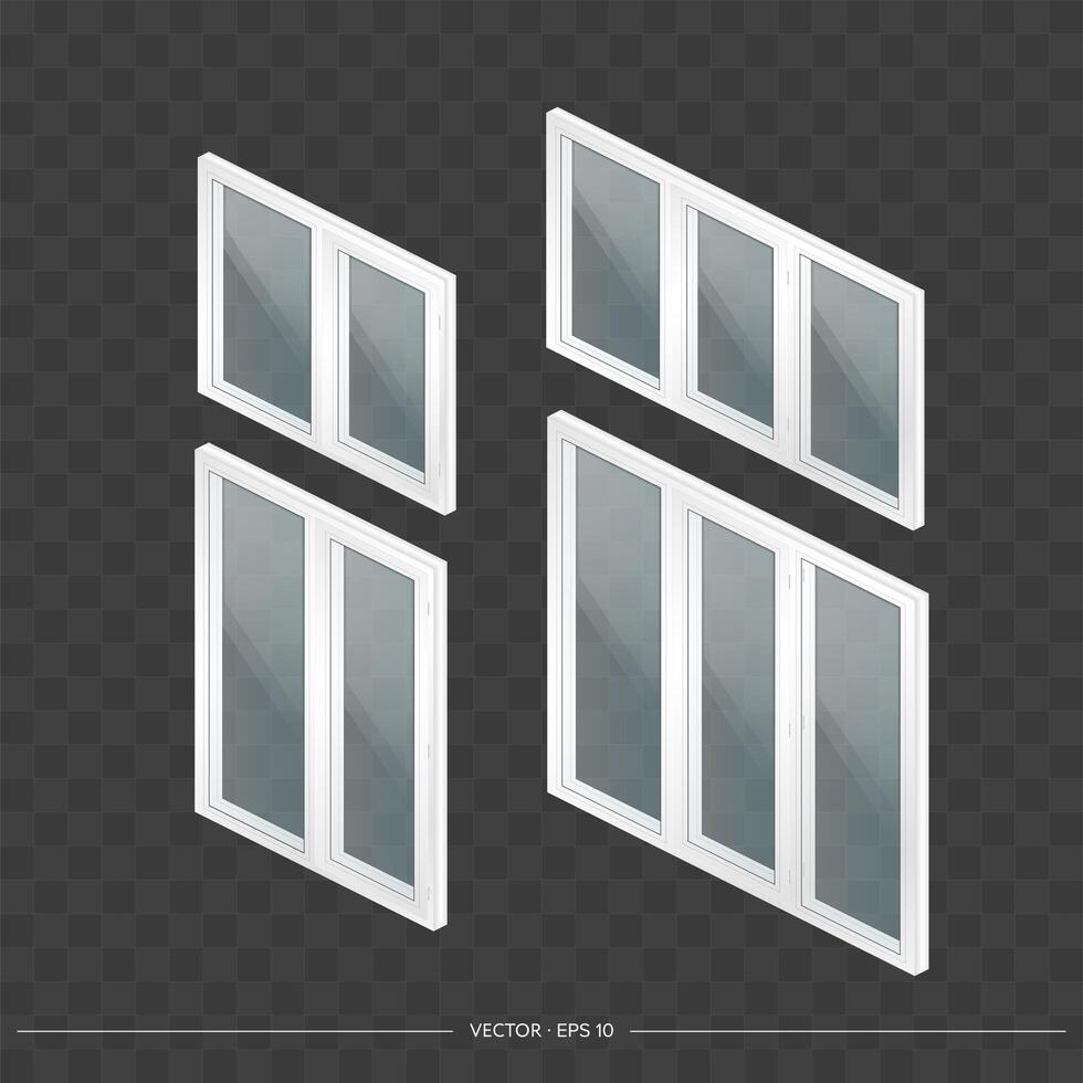 Set of white metal-plastic windows with transparent glasses in 3D. Modern window in a realistic style. Isometry, vector illustration.