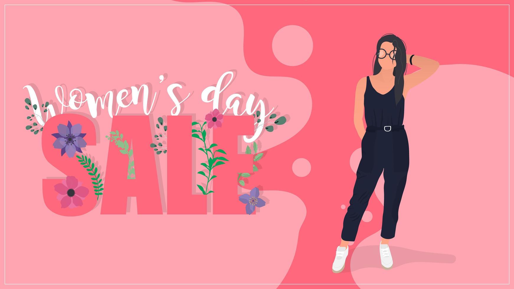 Womens day sale pink banner. Beautiful lettering, a girl in a modern suit. Vector. vector