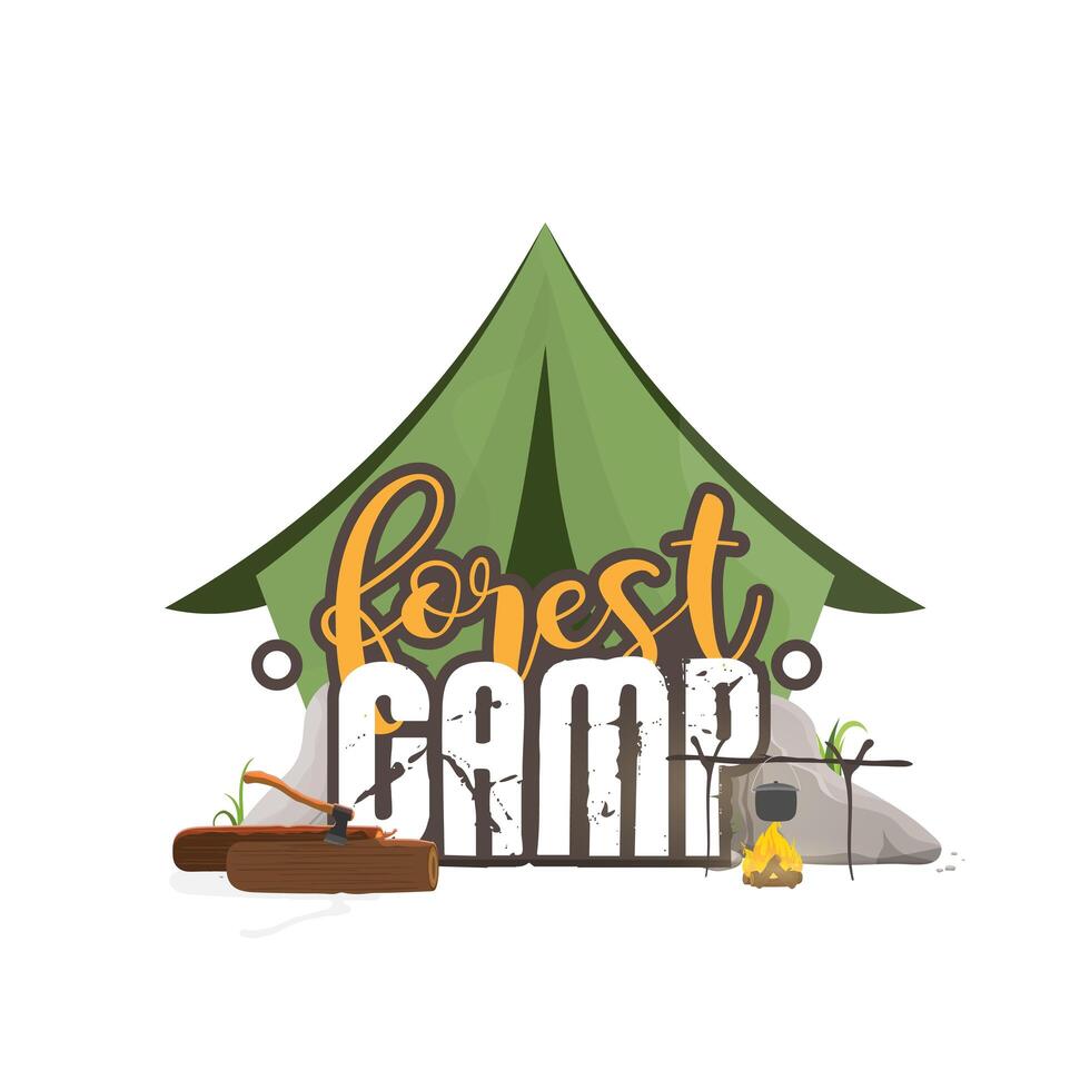 Collage on the theme of camping in the forest. Tent, camping, logs, ax