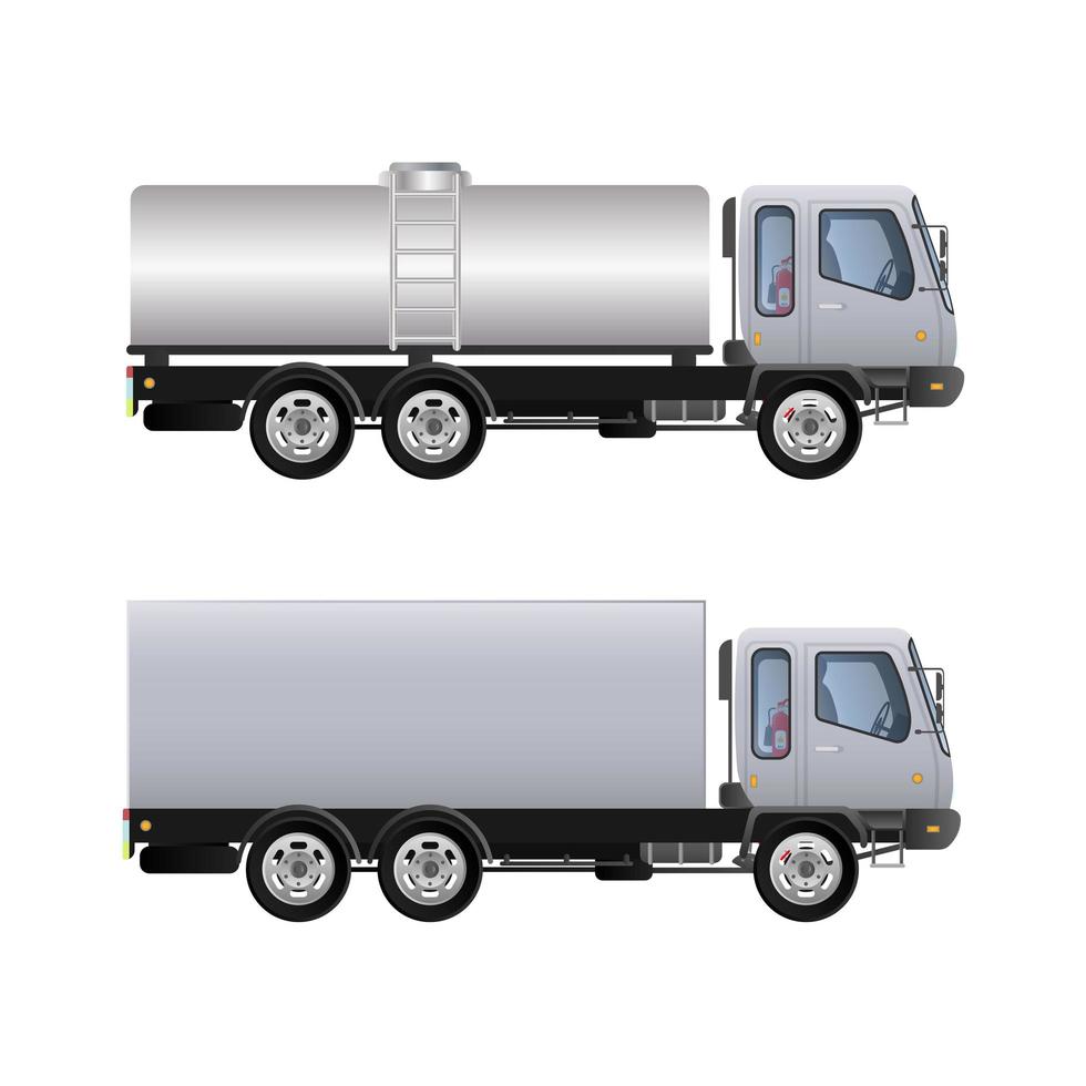 conjunto de vista lateral de camiones. entrega de carga. diseño de color sólido y plano. camioneta blanca para transporte. por separado sobre un fondo blanco. vector. vector