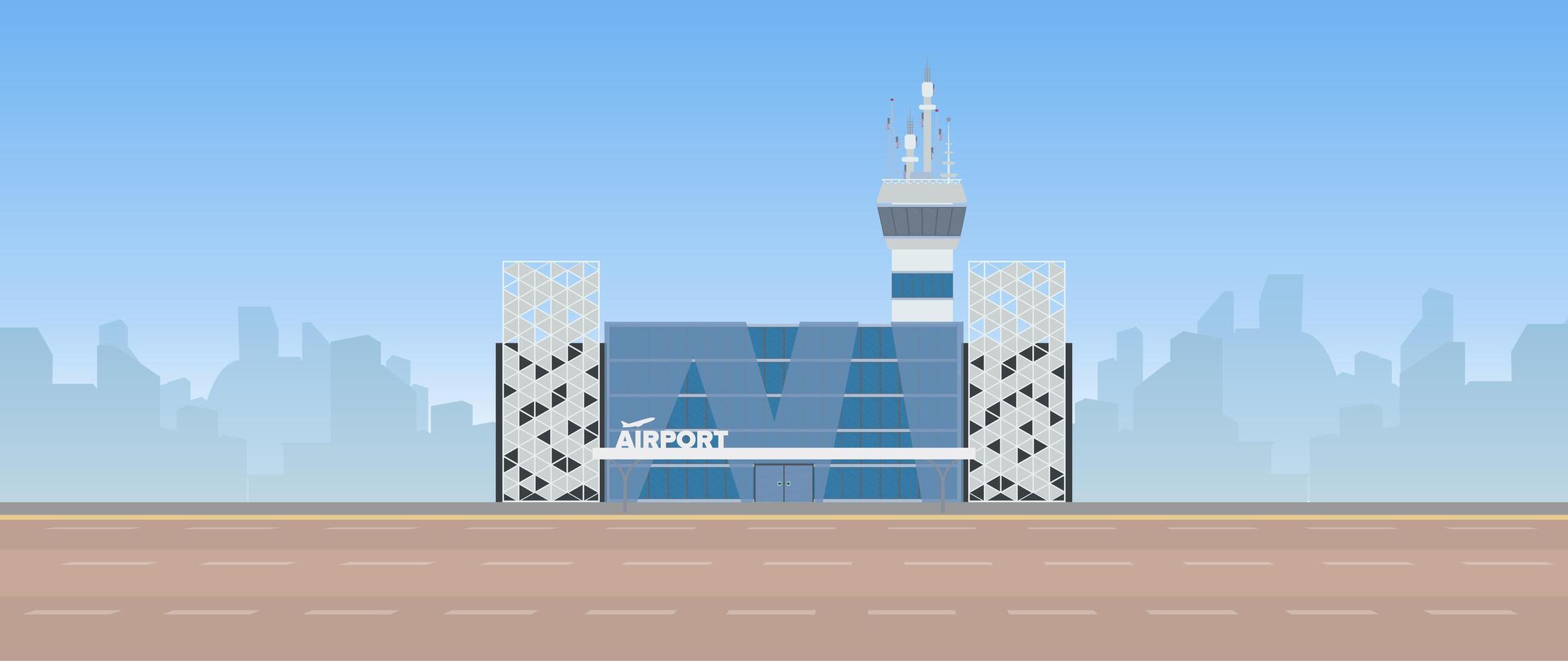 Modern airport. Runway. Airport in a flat style. Silhouetted by the city. Vector illustration