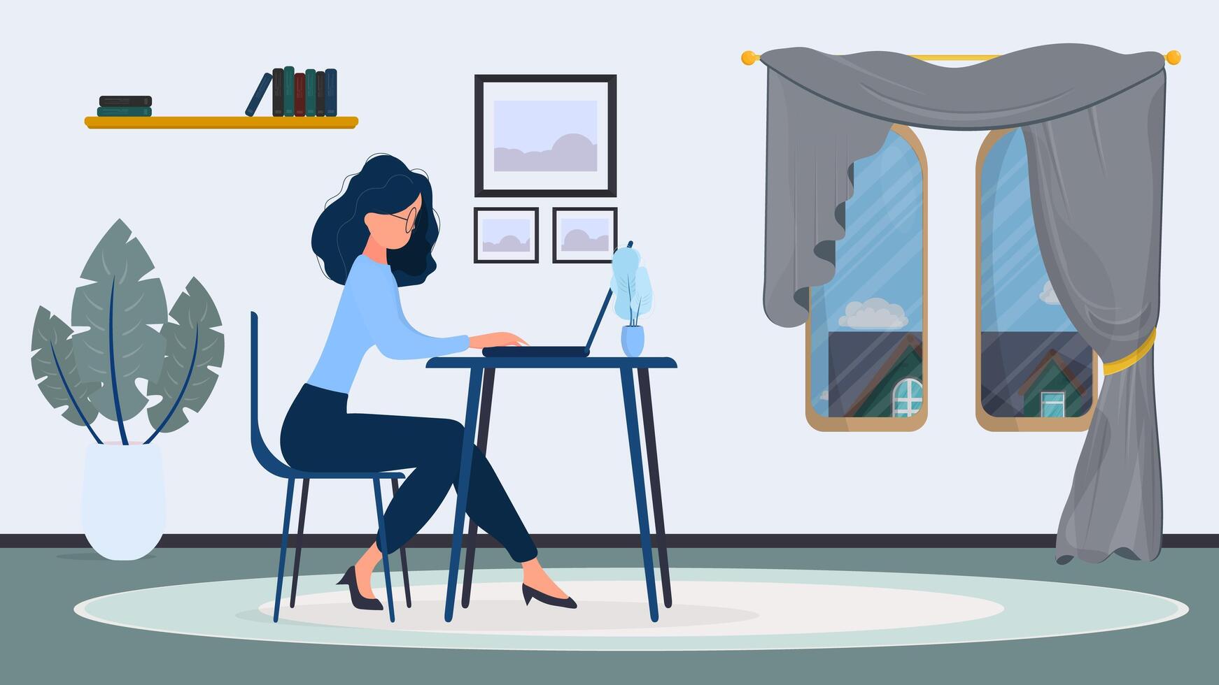 A woman sitting at a desk with a laptop vector