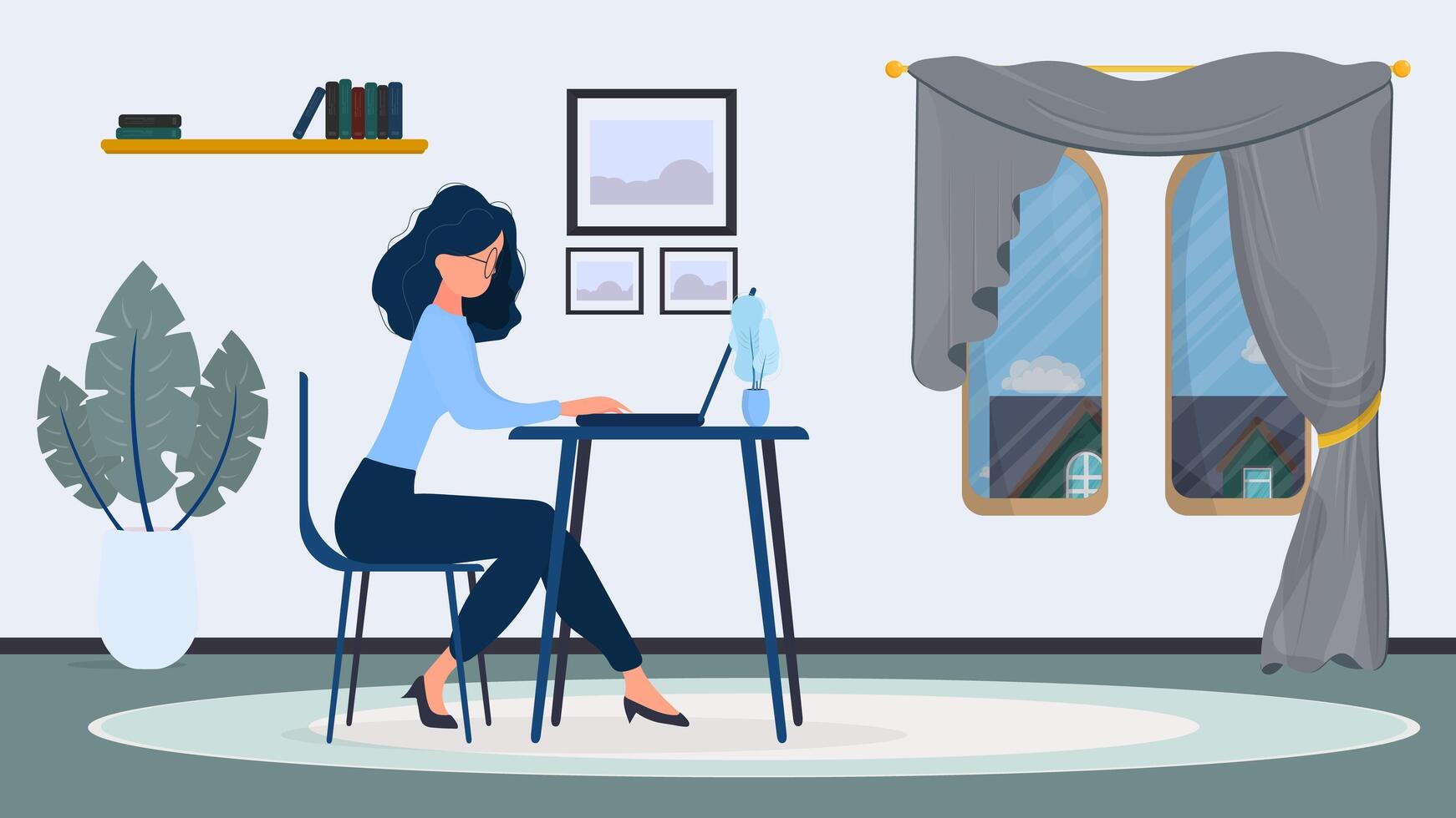 Girl in glasses sits at a table in the office. Girl works on a laptop. The concept of finding people to work, view vacancies and resumes. Vector. vector