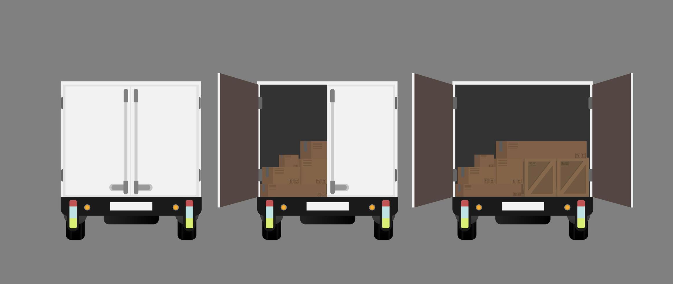 Three white delivery trucks with boxes inside vector