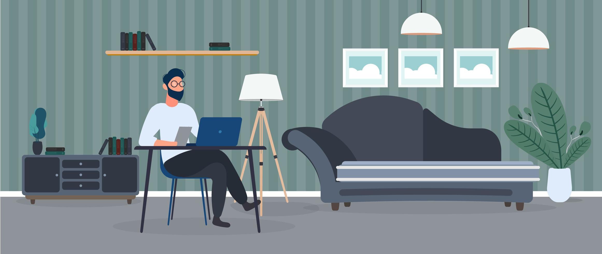 A guy with glasses sits at a table in his office. A man works on a laptop. Office, sofa, bookshelf, business man, floor lamp. Office work concept. Vector. vector