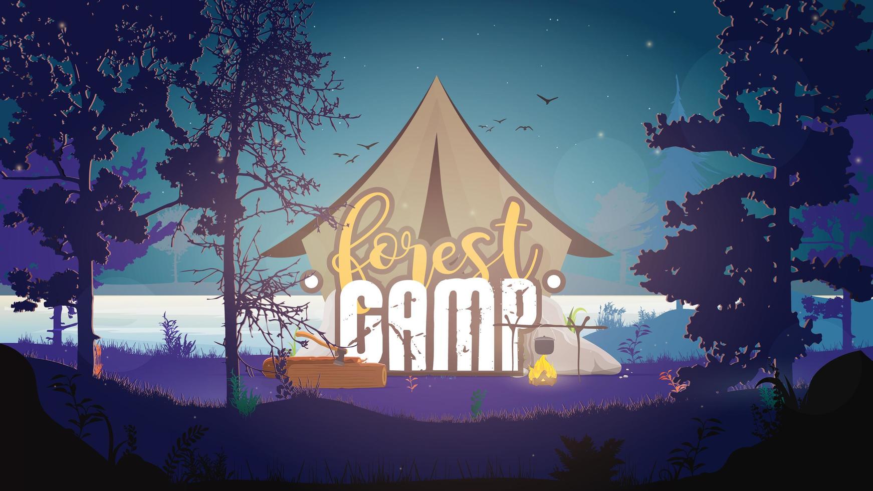 estandarte del campamento forestal. carpa en el bosque nocturno. bosque, hoguera, troncos, hacha, carpa, río, árboles. ilustración vectorial. vector