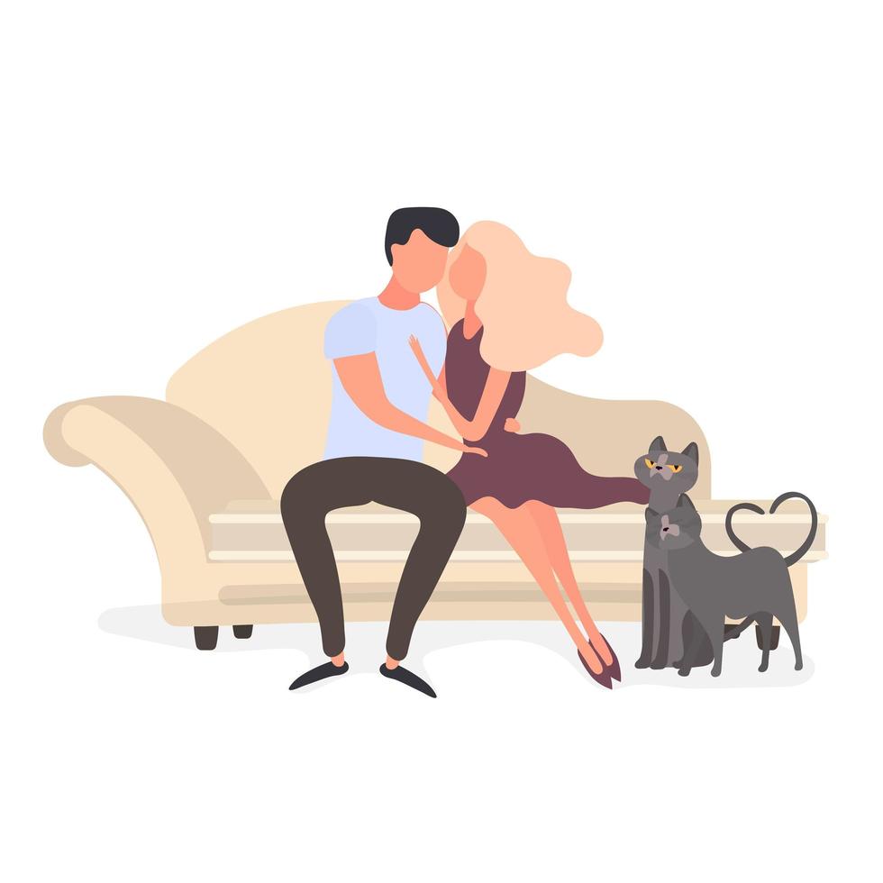 Loving couple sitting on the couch. Lovers hug each other isolated on a white background. Element for the design of cards, banners and posters on the theme of love and Valentine's Day. Vector. vector