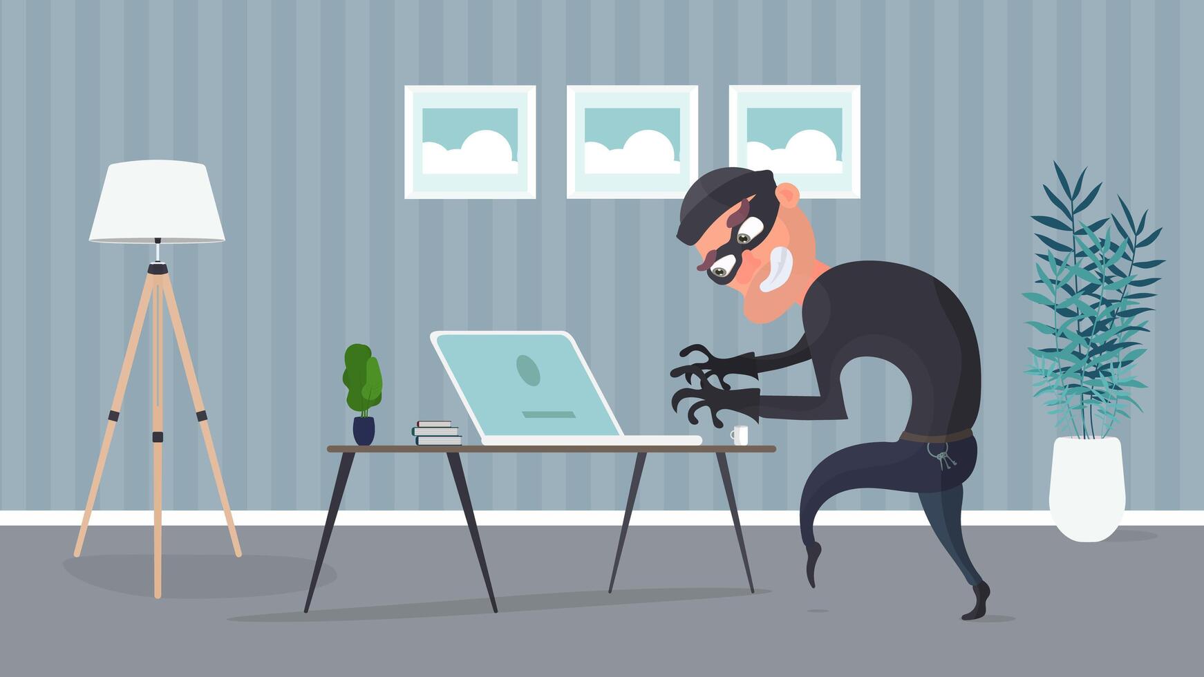 A cartoon thief in a mask is sitting at a desk with a laptop vector