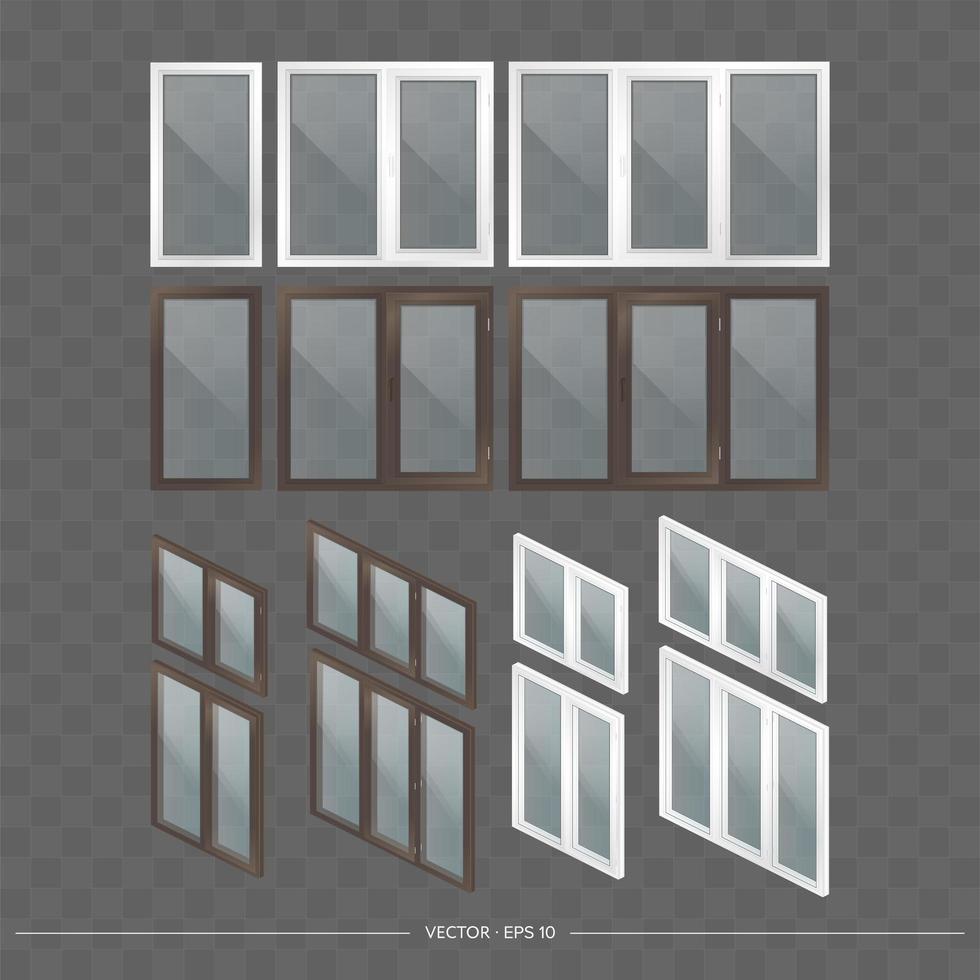 A large set of metal-plastic windows with transparent glasses in 3D. Modern window in a realistic style. Isometry, vector illustration.