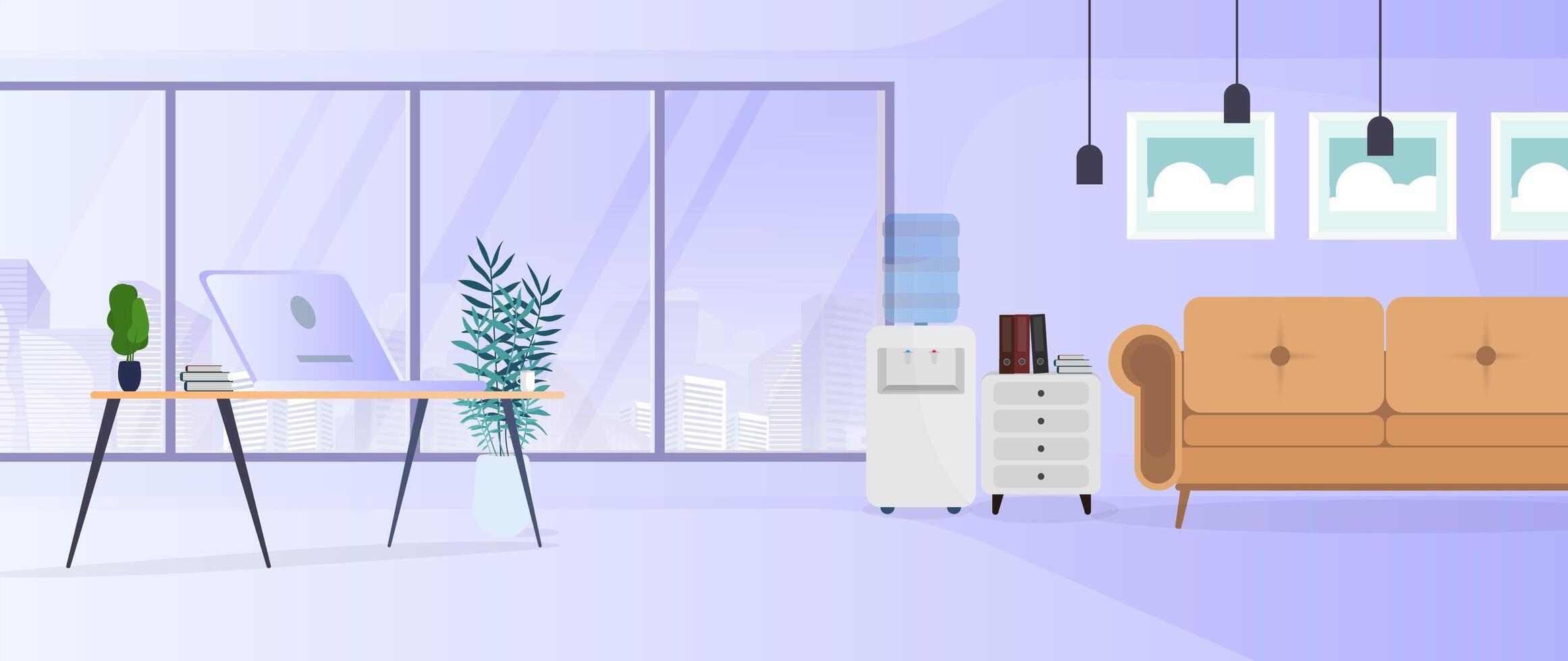 Modern room with large windows. Sofa, stand with books, floor lamp, houseplant, panoramic windows, room, office. vector