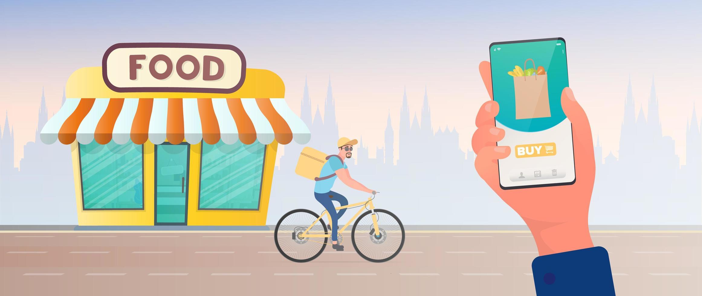 Order food at home. The guy is lucky to order food on a bicycle. Hand holds smartphone. Home delivery, delivery concept. Vector. vector