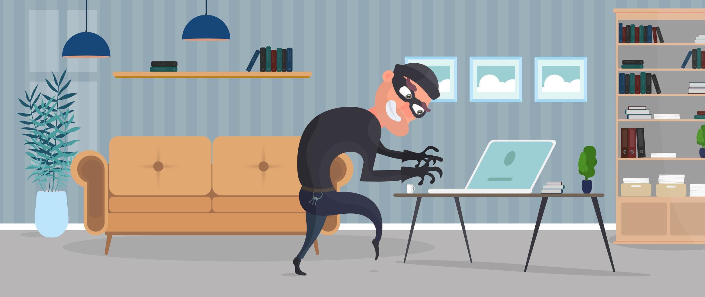 Thief in the house. A robber steals data from a laptop. Security concept. Thief man steals an apartment. Robbery at home. Flat style vector illustration.