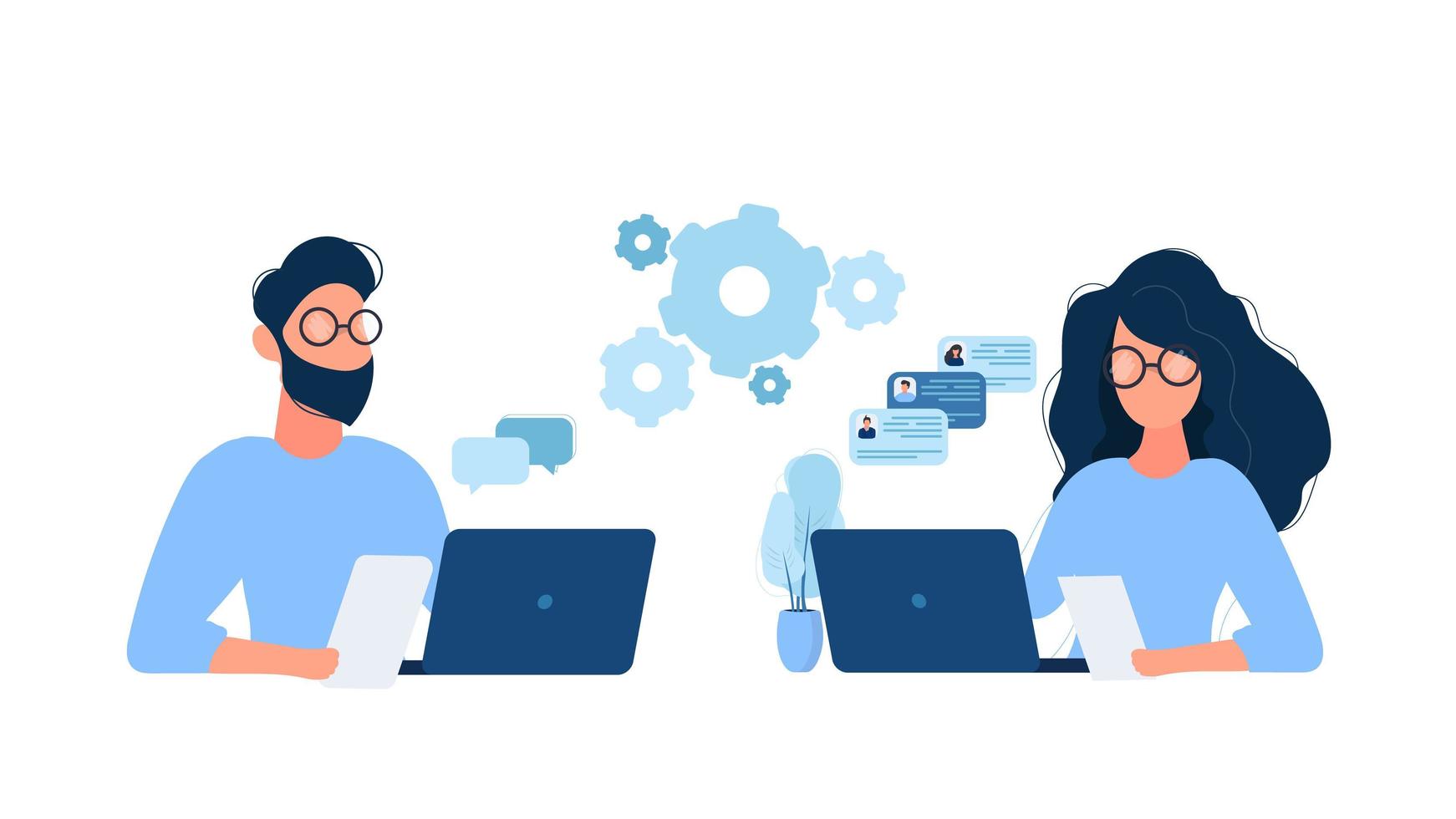 The guy and the girl are working together. Computer work. Teamwork concept. Ilolirovan. Vector. vector