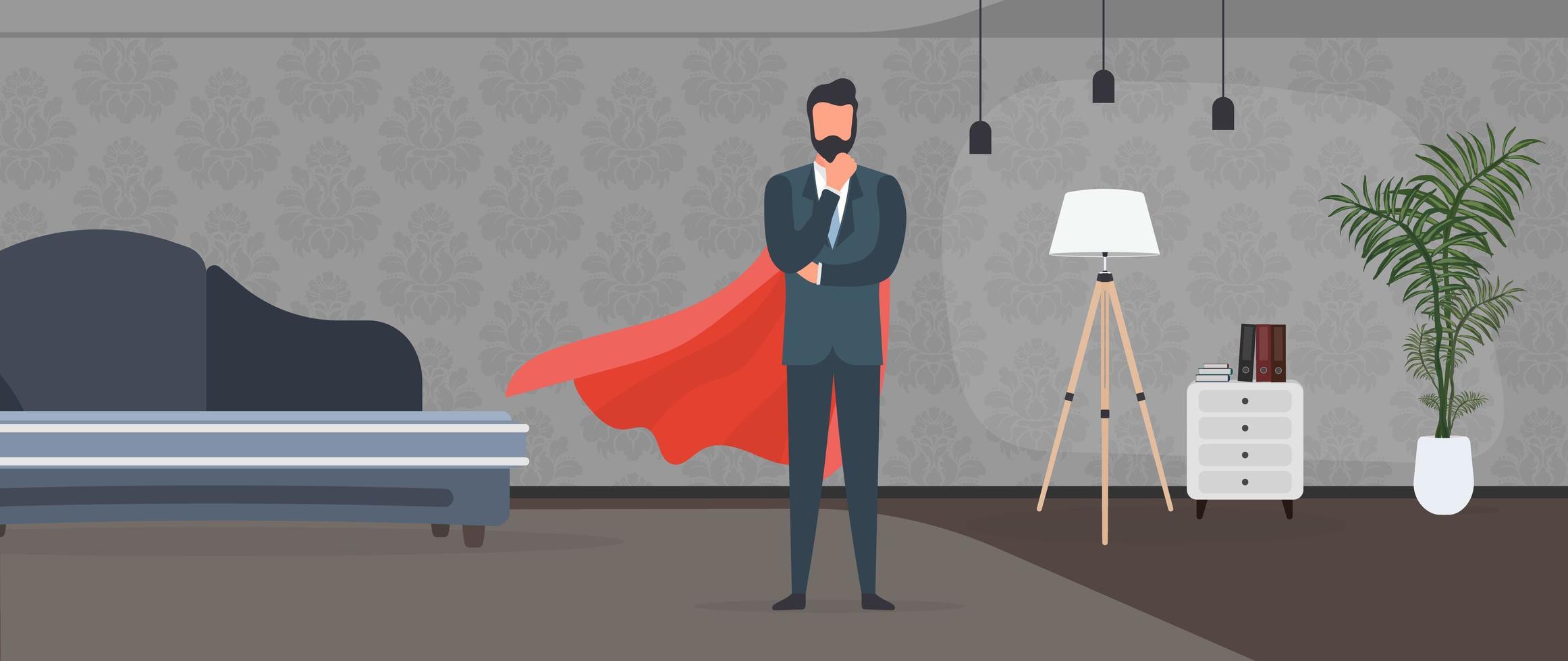 Businessman in a business suit with a red raincoat. Superhero entrepreneur. Successful person concept. Vector. vector