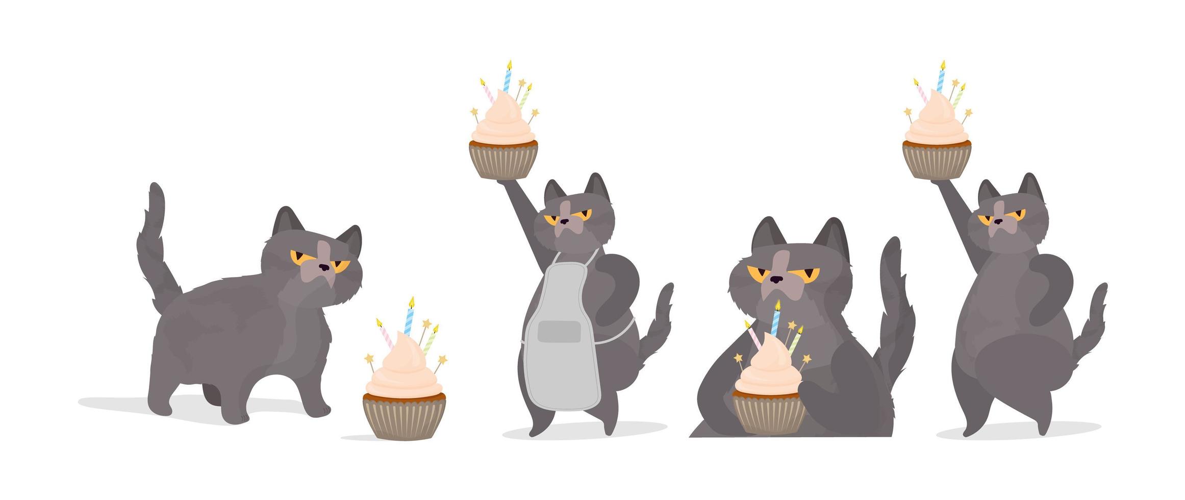 un conjunto de gatos graciosos que sostiene un cupcake festivo. dulces con crema, muffin, postre festivo, confitería. bueno para tarjetas, camisetas y pegatinas. estilo plano vectorial. vector