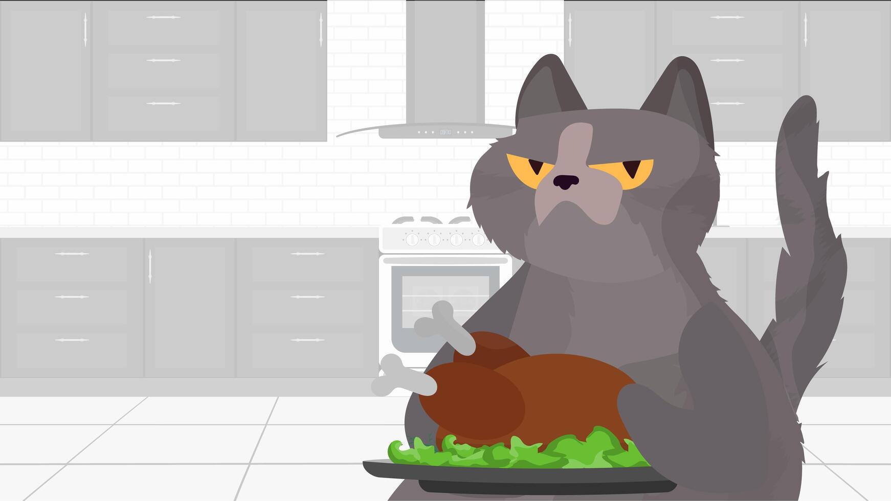 gato gracioso sostiene un pavo frito. un gato con una mirada divertida sostiene un pollo frito. Blog culinario o concepto de vlog. vector. vector