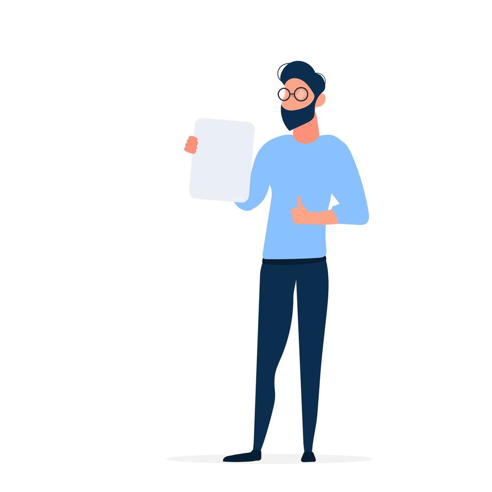 Stylish man with glasses. The guy holds in his hands an empty sheet of paper and shows the class. Isolated, vector. vector