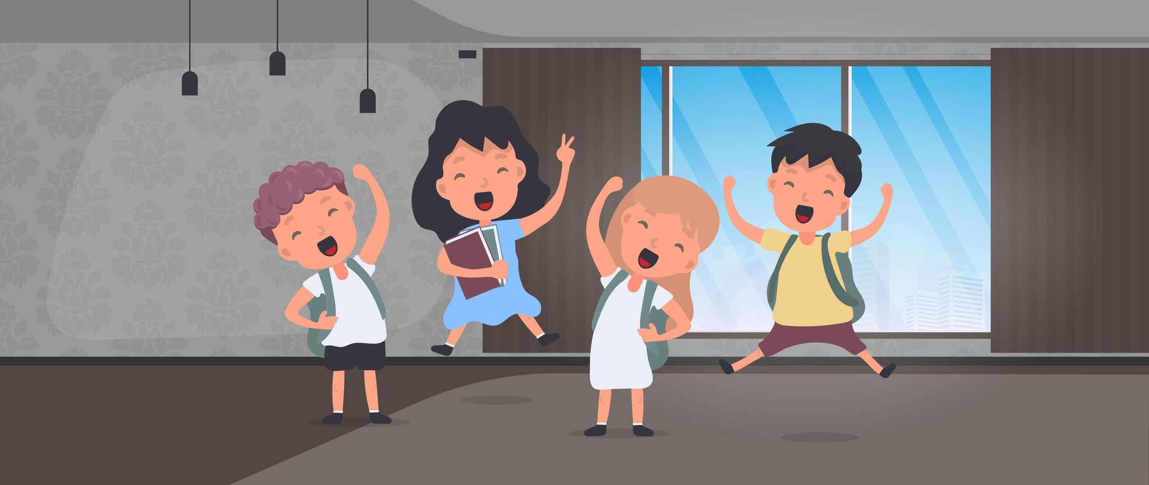 Three children are jumping in a room with a window vector