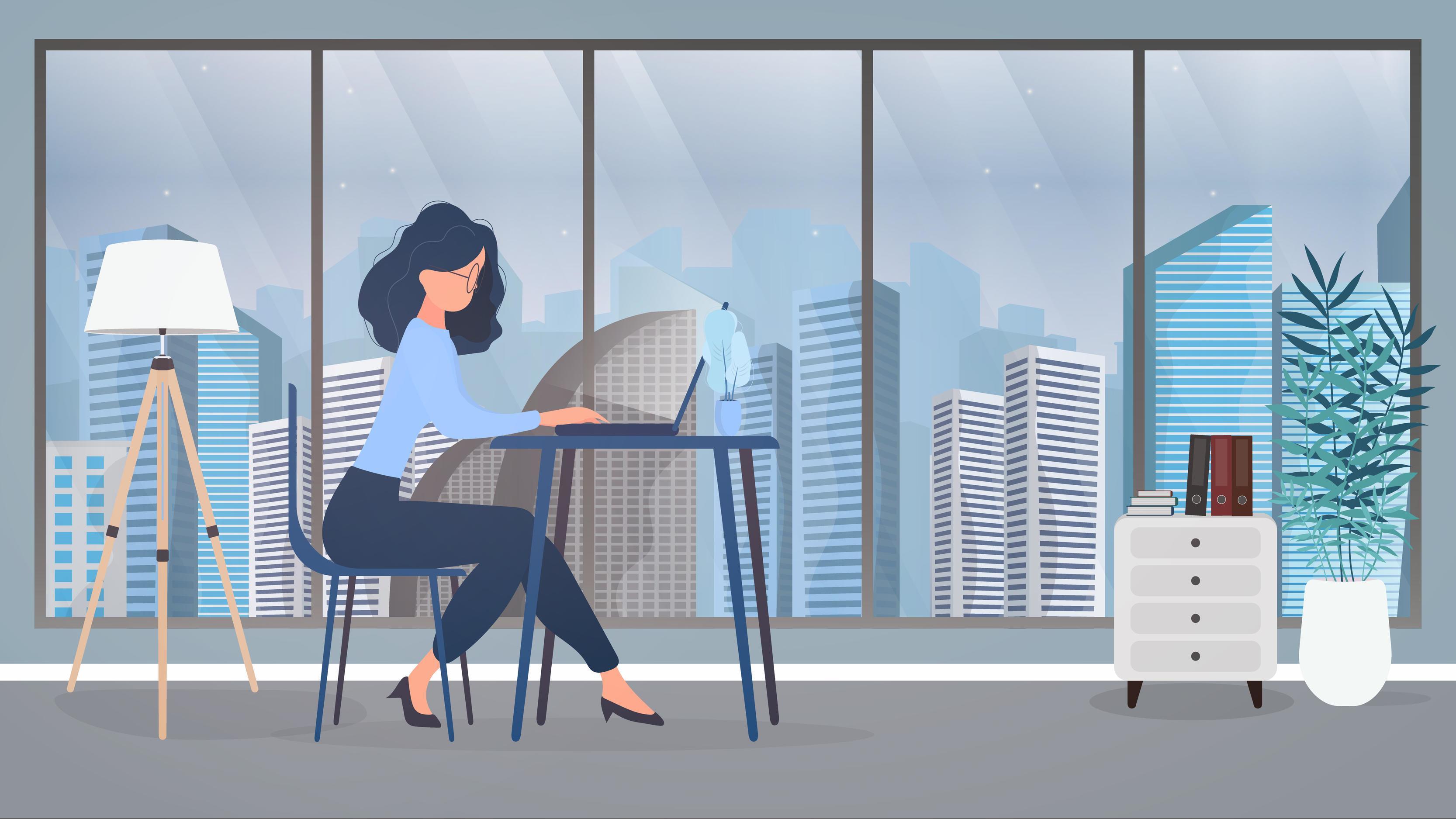 Girl in glasses sits at a table in the office. Girl works on a laptop. vector