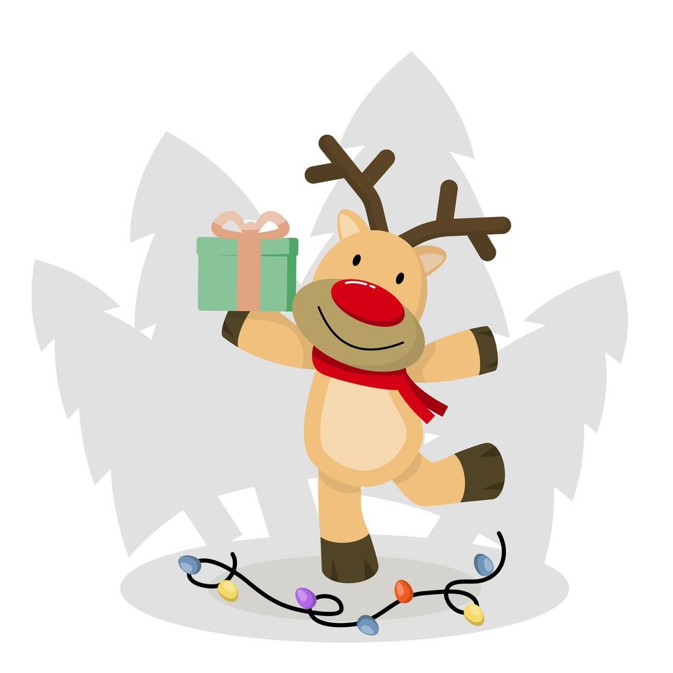 Cute christmas deer . Funny cartoon deer with decorative lights. vector