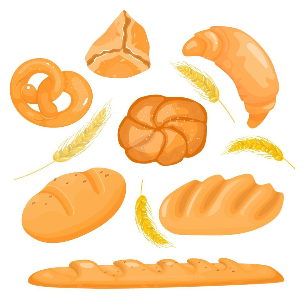 conjunto de productos de panadería. pan, pan, baguette en estilo de dibujos animados. ilustración vectorial vector
