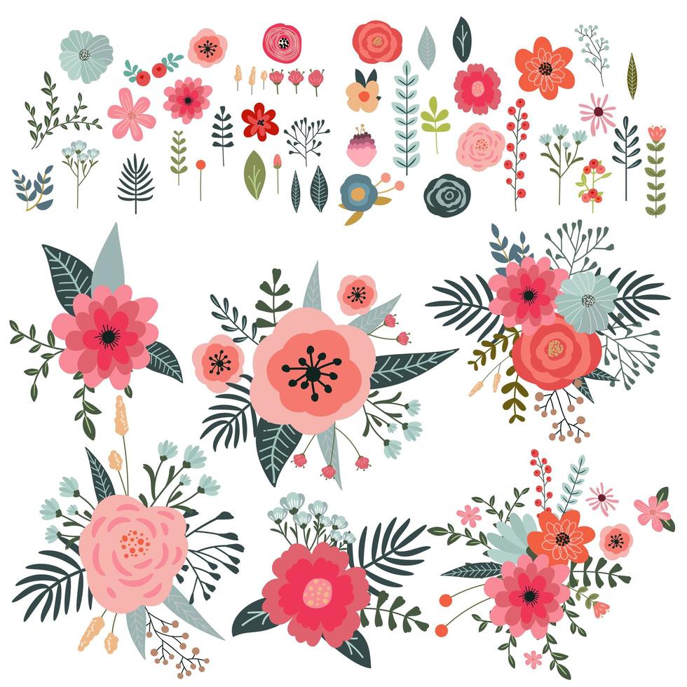 conjunto de flores y elementos florales aislados sobre fondo blanco. conjuntos de ramos de flores. hermosos elementos florales para su diseño. vector